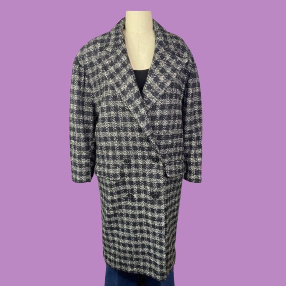 Vintage Houndstooth Double Breasted Wool Blend Trench Coat, Size 9/10